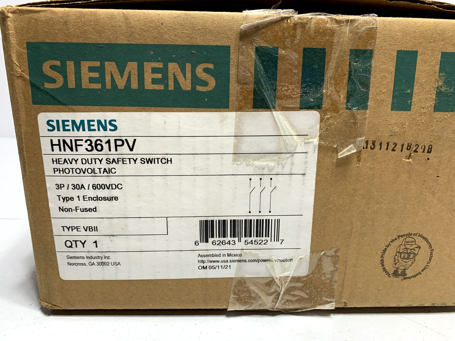 Siemens HNF361PV Nonfusible Solar Safety Disconnect Switch 600VDC 3P 30A