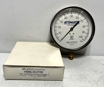 Miljoco P4598L-05 ATOM 4-1/2'' Pressure Gauge 0-100 PSI 1/4'' NPT LM