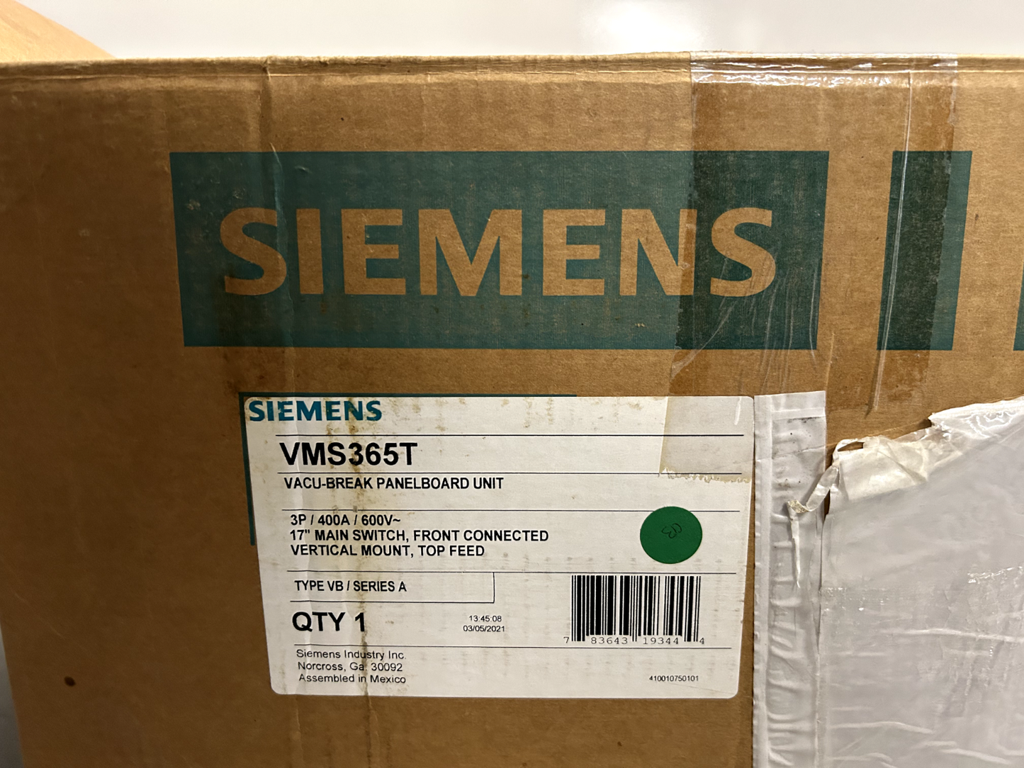 Siemens VMS365T Fusible ITE Vacu-Break Panelboard Switch 400 Amp 600V 3P 17"