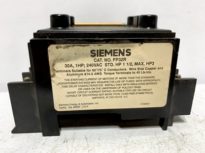 Siemens FP32R Contactor Terminal Fusible Pullout 30 Amp 2 Pole 240VAC