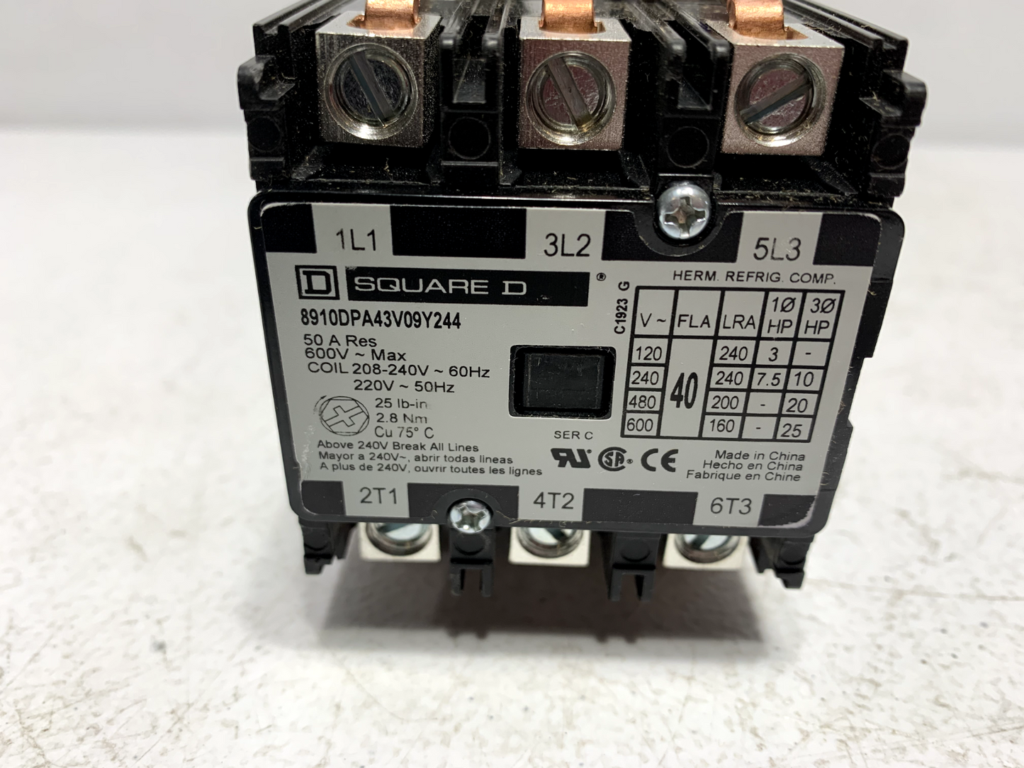 Square D 8910DPA43V09Y244 Definite Purpose Contactor 3 Pole 40 Amp 208/240 VAC