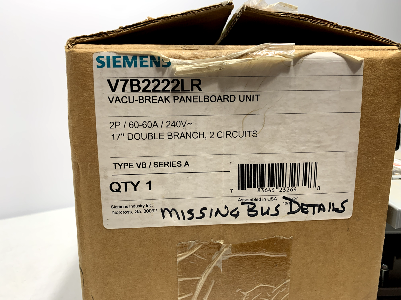 Siemens V7B2222LR Fused Vacu-Break Panelboard Switch 60A 240V 2P - Chase Surplus