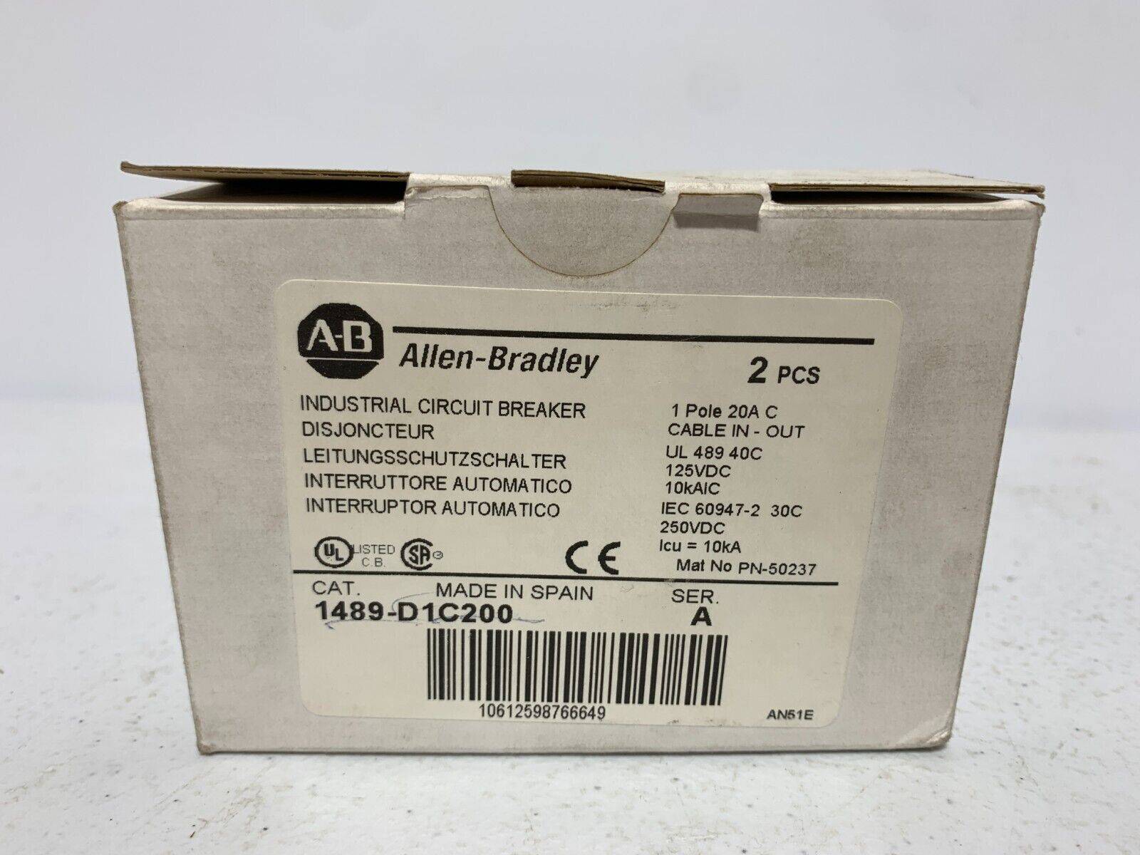 Allen Bradley 1489-D1C200 Industrial Miniature Circuit Breakers 20A (Box of 2) - Chase Surplus