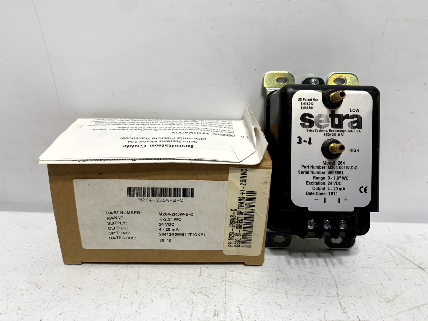 Setra M264-001W-D-C Low Differential Pressure Transducer 24VDC 4-20mA 0-1 WC