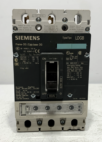 Siemens LDK3T060B Circuit Breaker VL Series 60A 3-Pole 600Y/347 VAC 18 kA