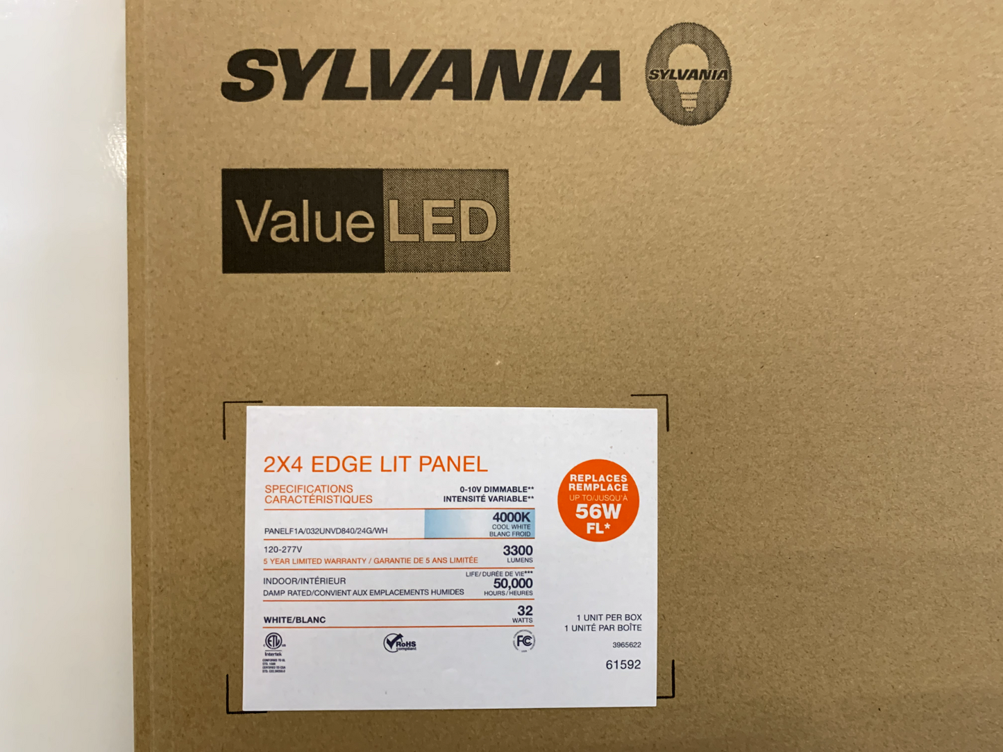 Sylvania 61592-0 LED Troffer Light 2x4 Edge Lit Panel 4000K Dimmable