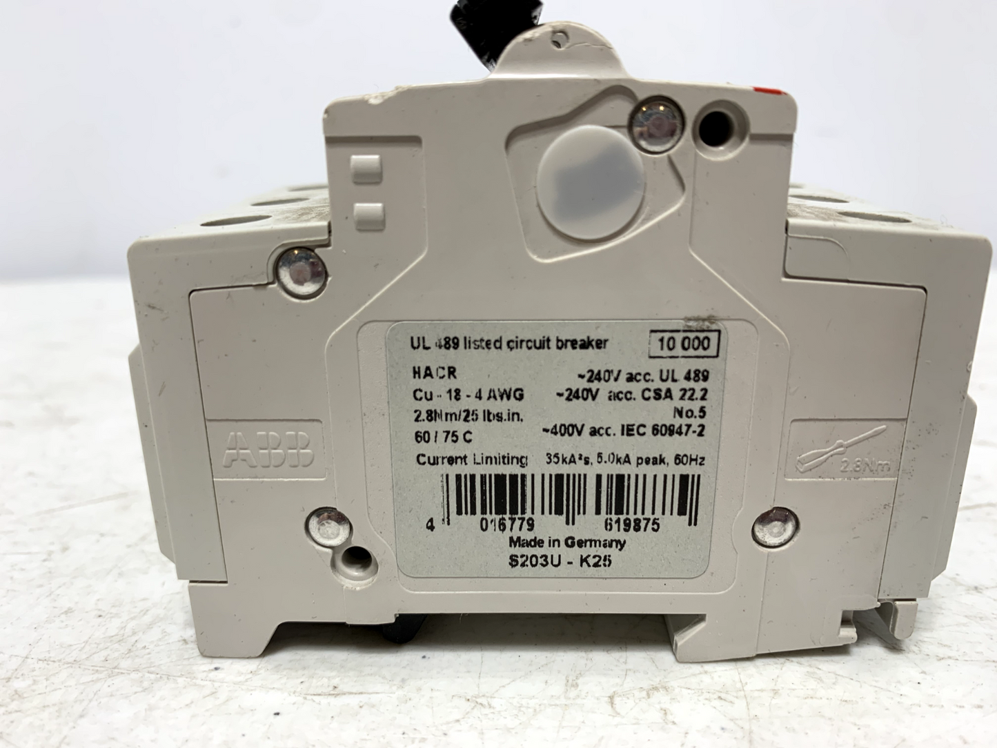 ABB S203U-K25 Circuit Breaker 3-Pole 240V 10kA IR 35mm DIN Rail Mount K25A