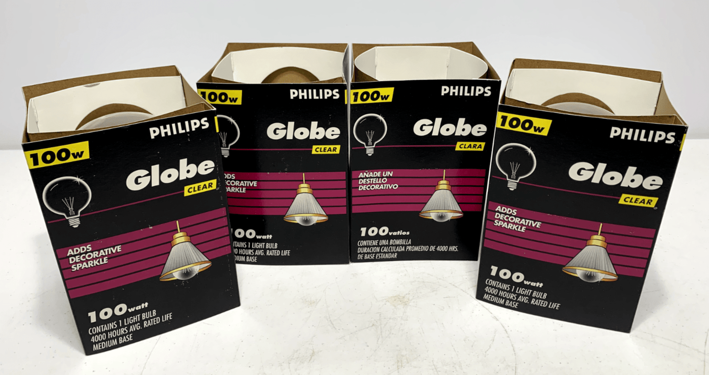 Philips 100G40/4M G40 5" Globe Clear Bulb 100W 120V 4000 hrs (lot of 4) - Chase Surplus