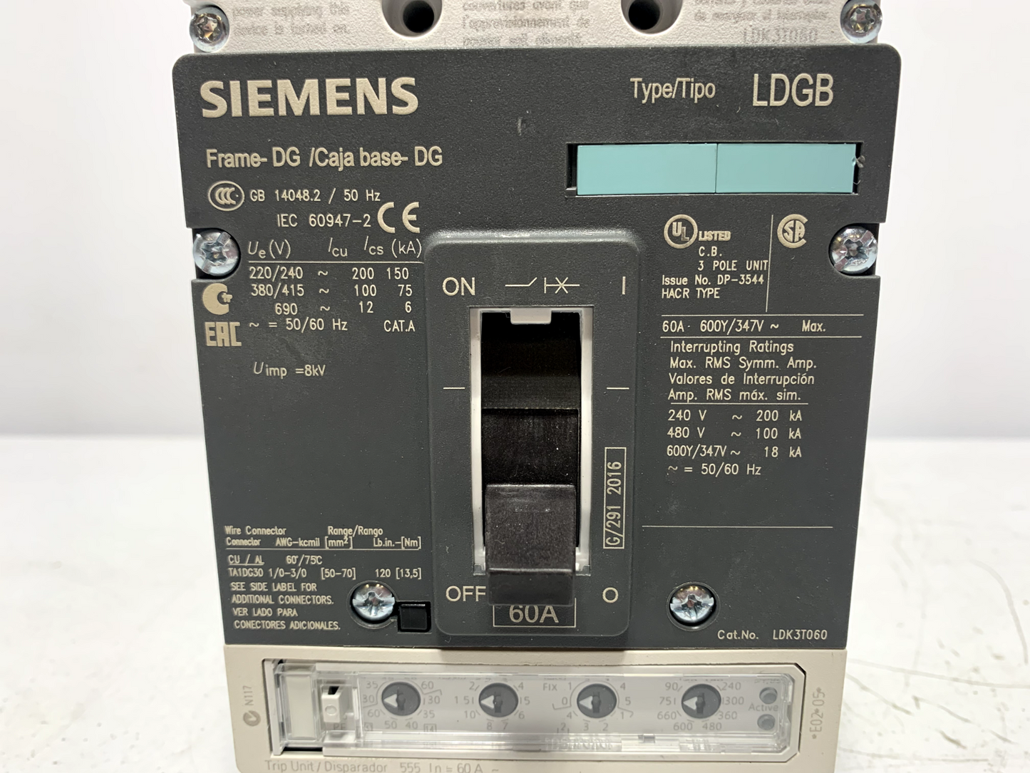 Siemens LDK3T060B Circuit Breaker VL Series 60A 3-Pole 600Y/347 VAC 18 kA