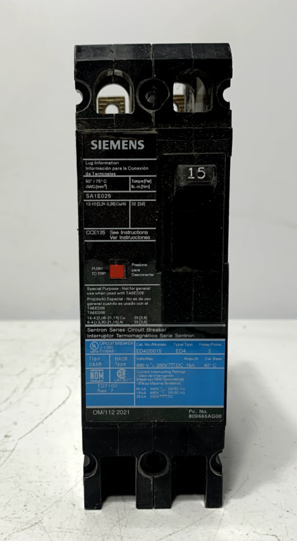 Siemens ED42B015 Circuit Breaker 15 Amp 2 Pole 480VAC Type ED4