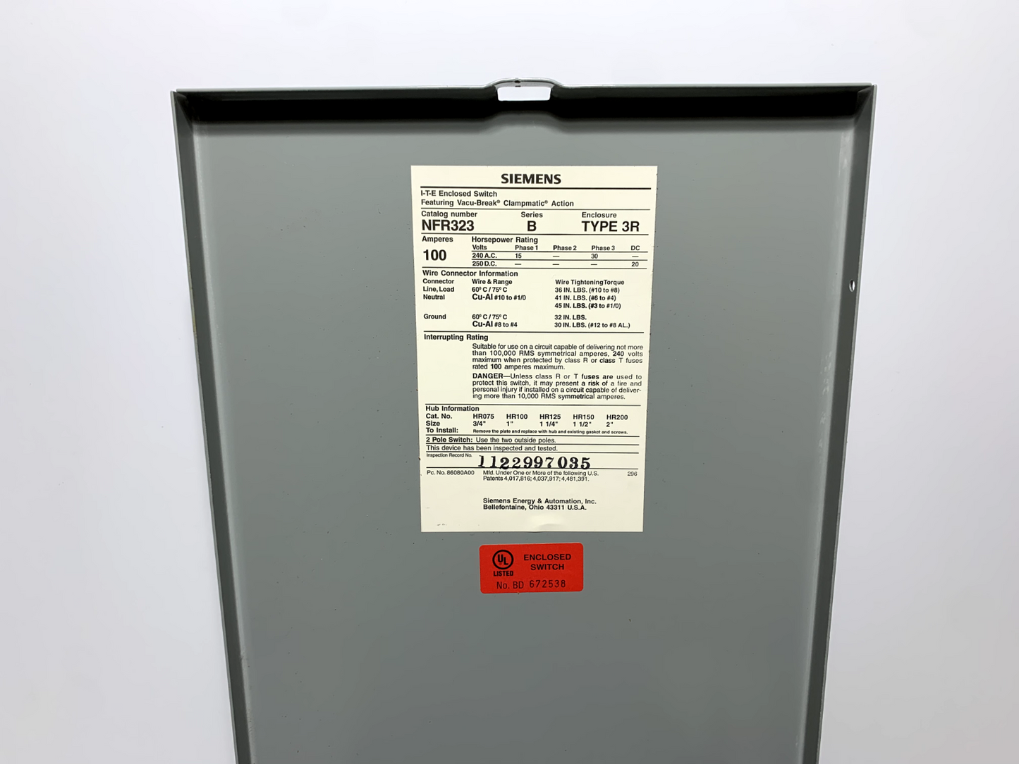 Siemens NFR323 Series B I-T-E Electrical Enclosure 100 Amps 140V 3Ph