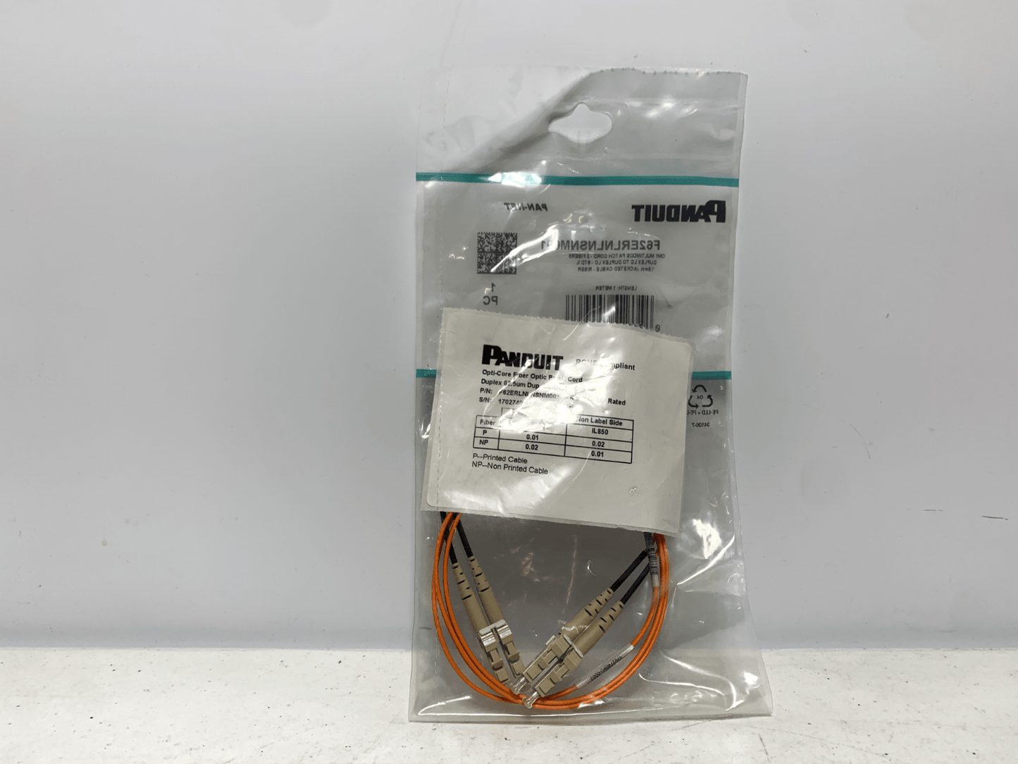 Panduit F62ERLNLNSNM001 2-Fiber OM1 Multimode Patch Cord 1M Long - Chase Surplus