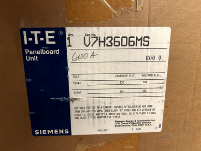 Siemens V7H3606MS Vacu-Break Clampmatic Fusible Panel Main Switch 600A 600V 3P