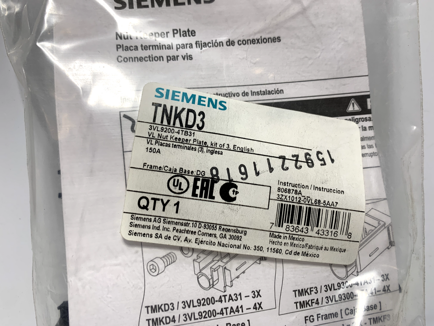 Siemens TNKD3 150A Breaker VL Nut Keeper Kit 3VL9200-4TB31 kit of 3 (lot of 2) - Chase Surplus