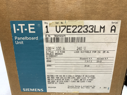 Siemens V7E2233LM Twin Panel Mount Switch 100 Amp 2 Pole 240V