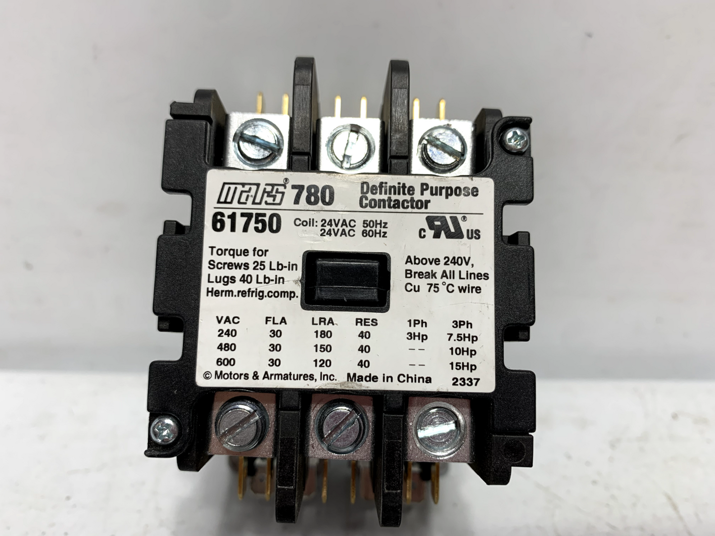 Mars 61750 Definite Purpose Contactor 3 Pole 30FLA 24VAC Coil