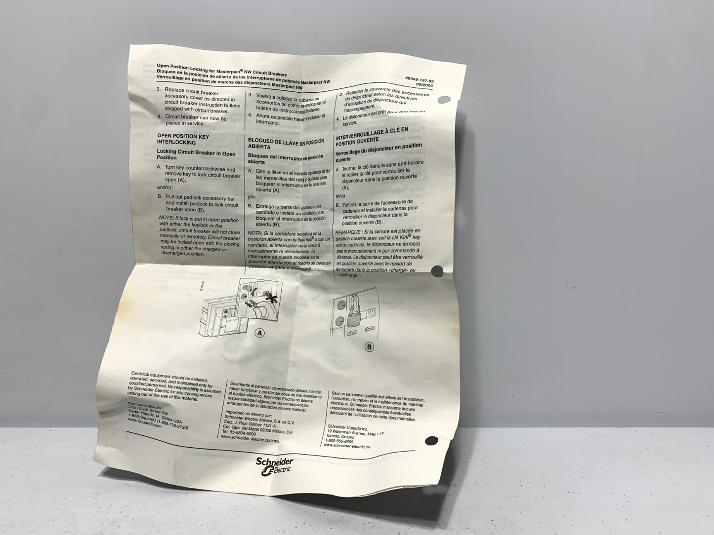 Square D S48542 Circuit Breaker Provision for Kirk/Fed Pioneer Lock