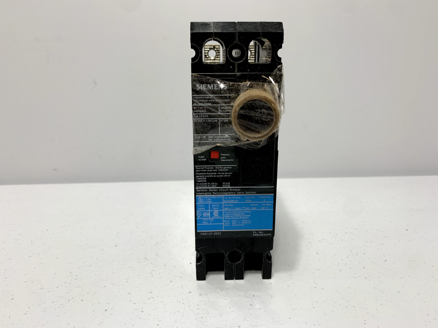 Siemens ED42B020 Circuit Breaker 20 Amp 2 Pole 480V 18kA