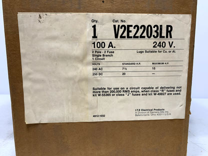 Siemens V7B2222LR Fused Vacu-Break Panelboard Switch 100A 240V 2 Pole L and R