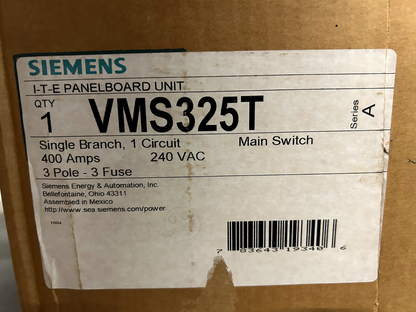 Siemens VMS325T ITE Vacu-Break Panel Main Switch 400 Amp 240V 3P 3Ph 21" x 20"