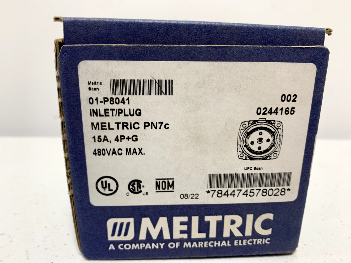 Meltric 01-P8041 Pin and Sleeve Inlet Plug 480VAC 15A 4 Poles Blue