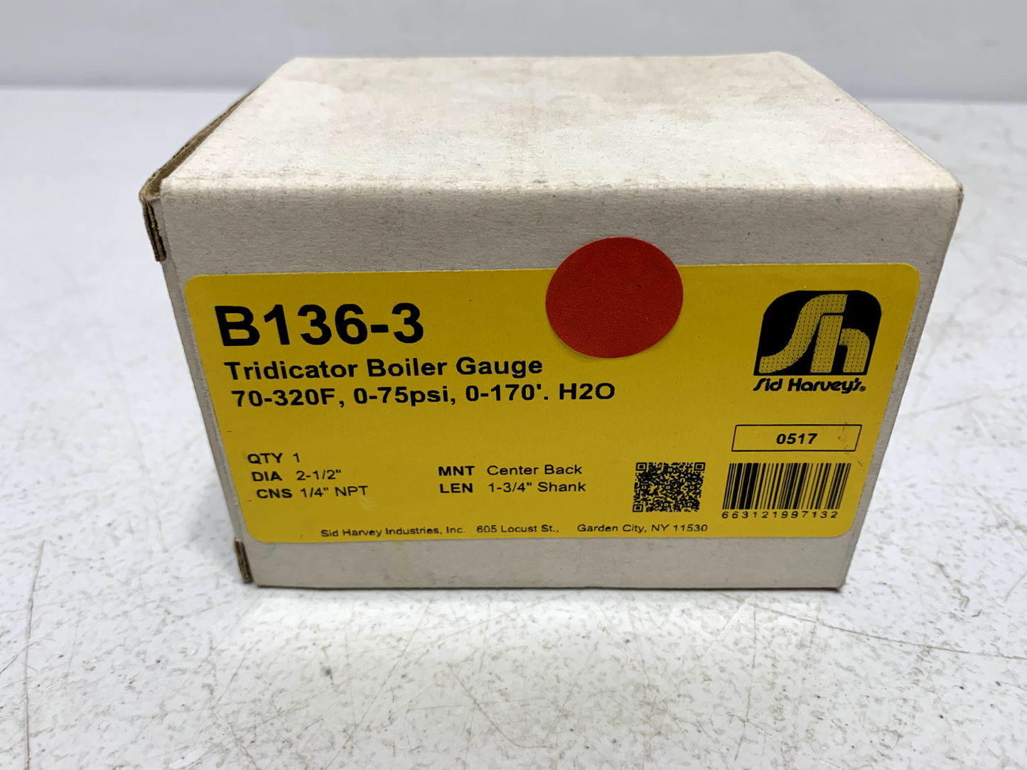 Sid Harvey B136-3 Gauge Tridicator 70-320° F 0-75 PSI 2-1/2" Dia 1-3/4" Shank