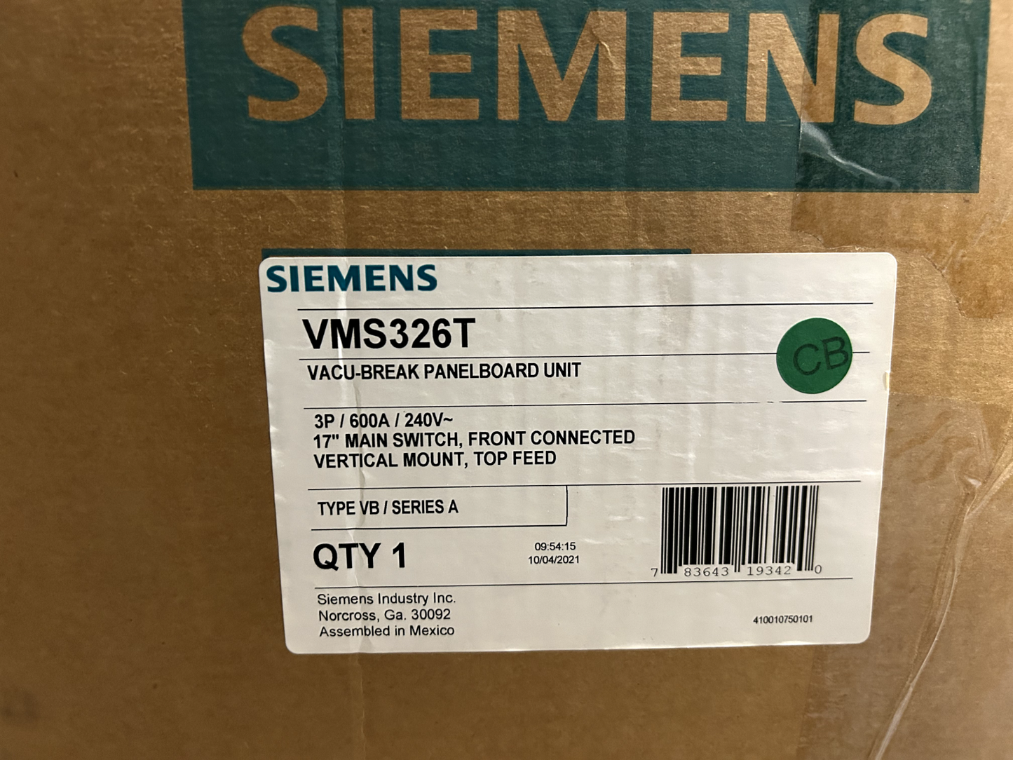 Siemens VMS326T Vacu-Break Panel Mount Switch 600 Amp 240V 3 Pole Fusible 17"