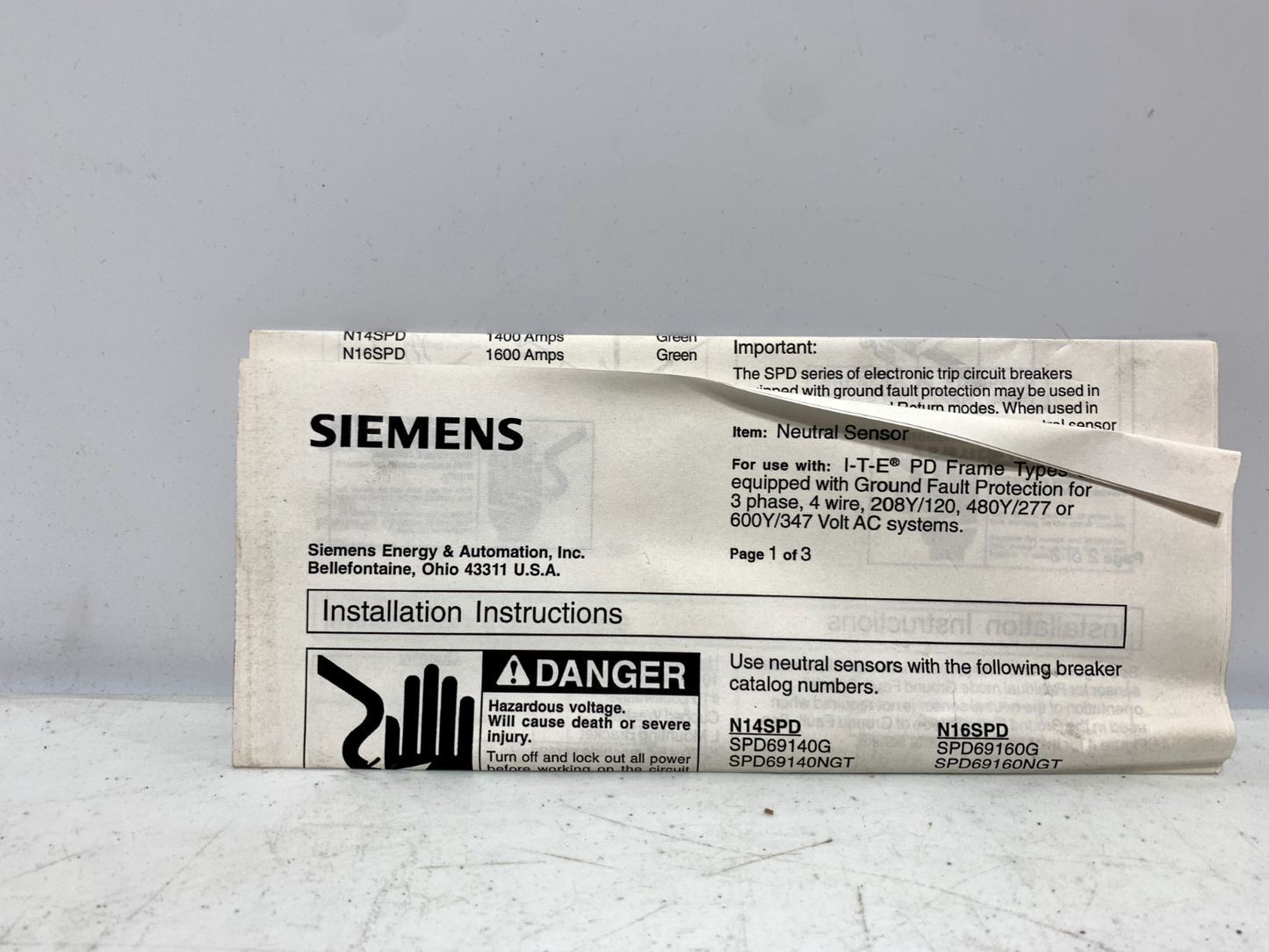 Siemens N14SPD Neutral Sensing Transformer 1400 Amp