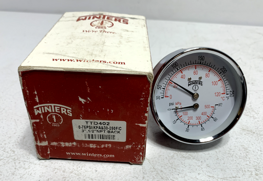 Winters TTD402 Dual Scale Tridicator Thermostat 3'' Dial 0-75 PSI & 30-250F