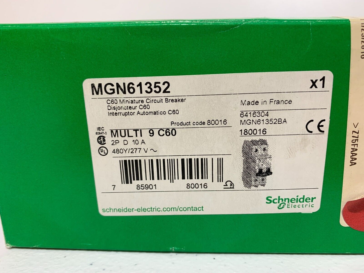 Schneider Electric MGN61352 Circuit Breaker D 10A 480/277V Multi 9 C60 2 pole - Chase Surplus