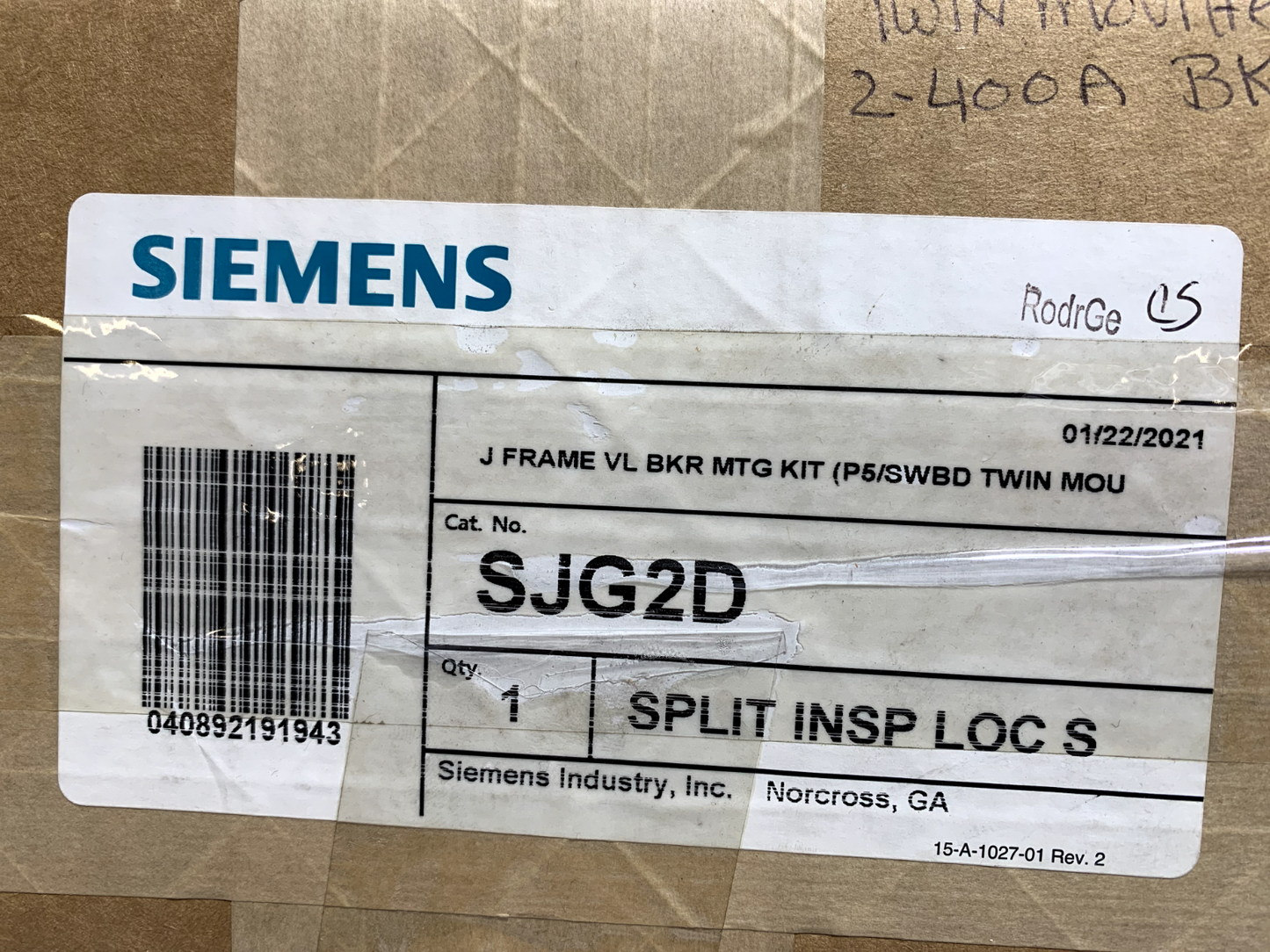 Siemens SJG2D Connecting Strap Breaker Mounting Kit 600 VAC 400A 200 kA 3-Phase