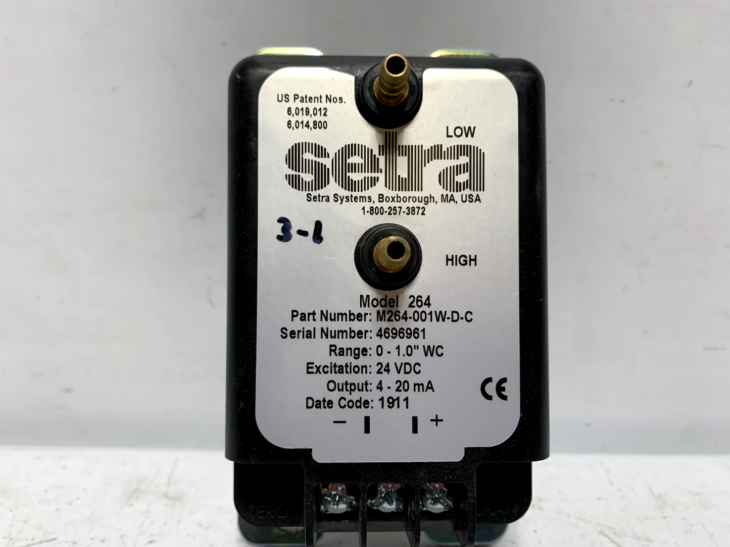 Setra M264-001W-D-C Low Differential Pressure Transducer 24VDC 4-20mA 0-1 WC