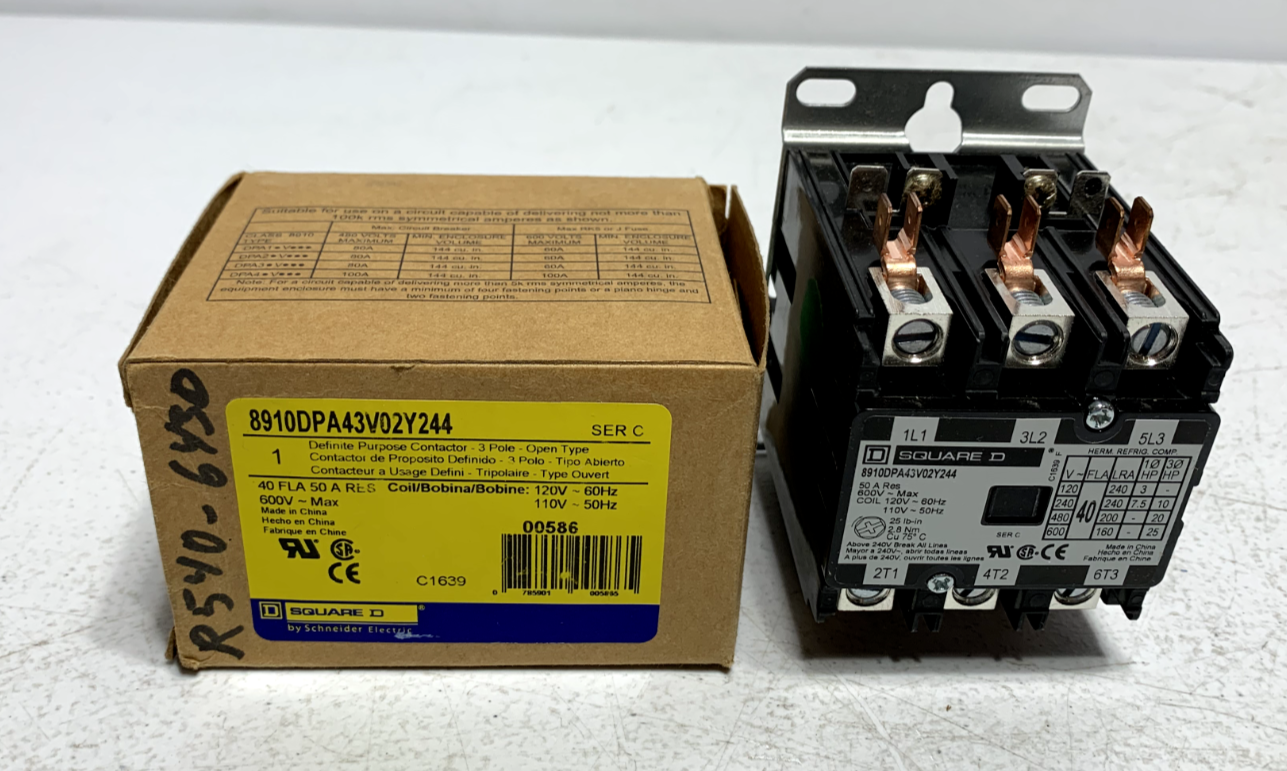 Square D 8910DPA43V02Y244 Definite Purpose Contactor 40 Amp 3 Pole 110/120VAC