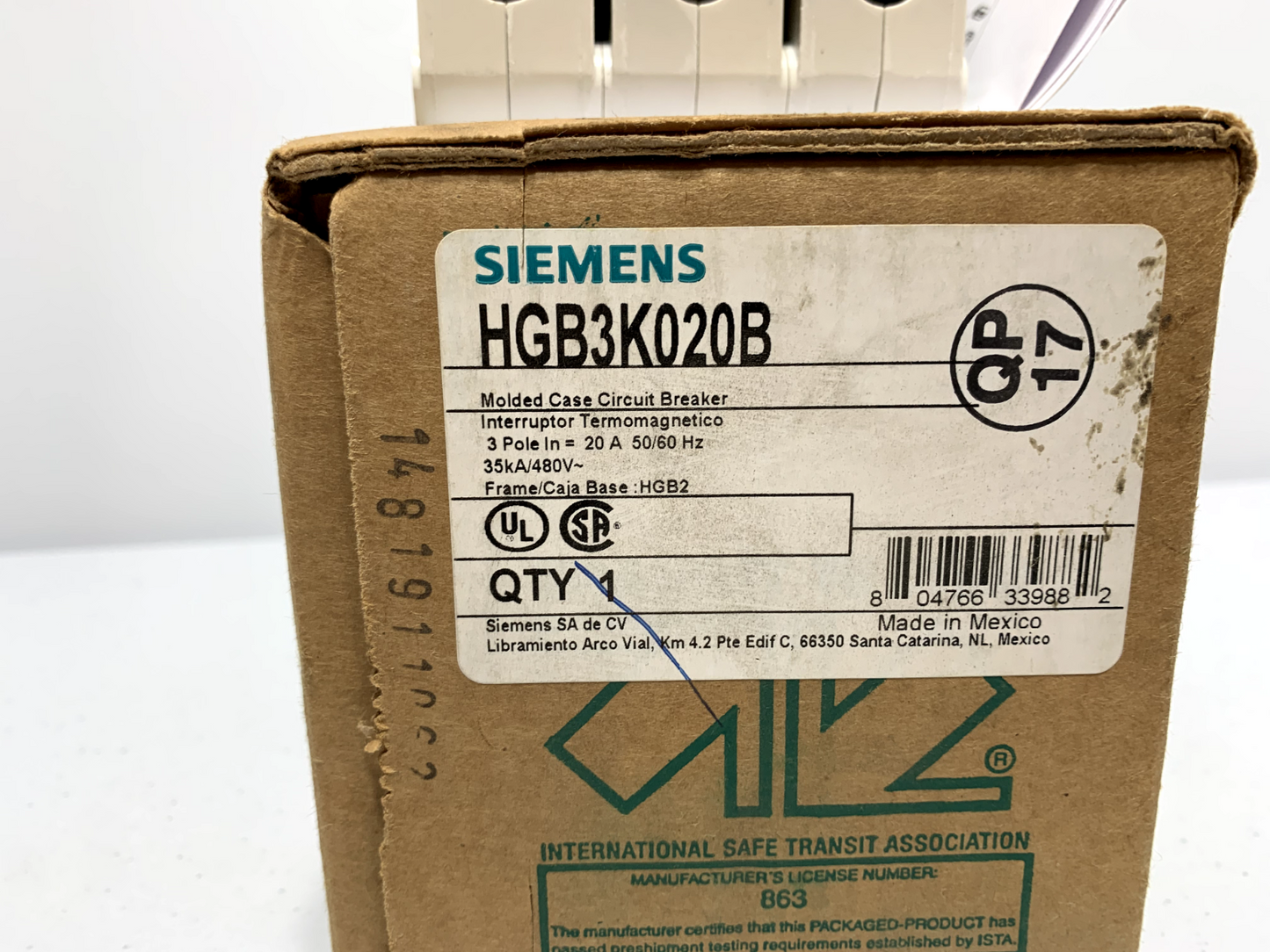 Siemens HGB3K020B Circuit Breaker 3 Pole 20 Amp 480V