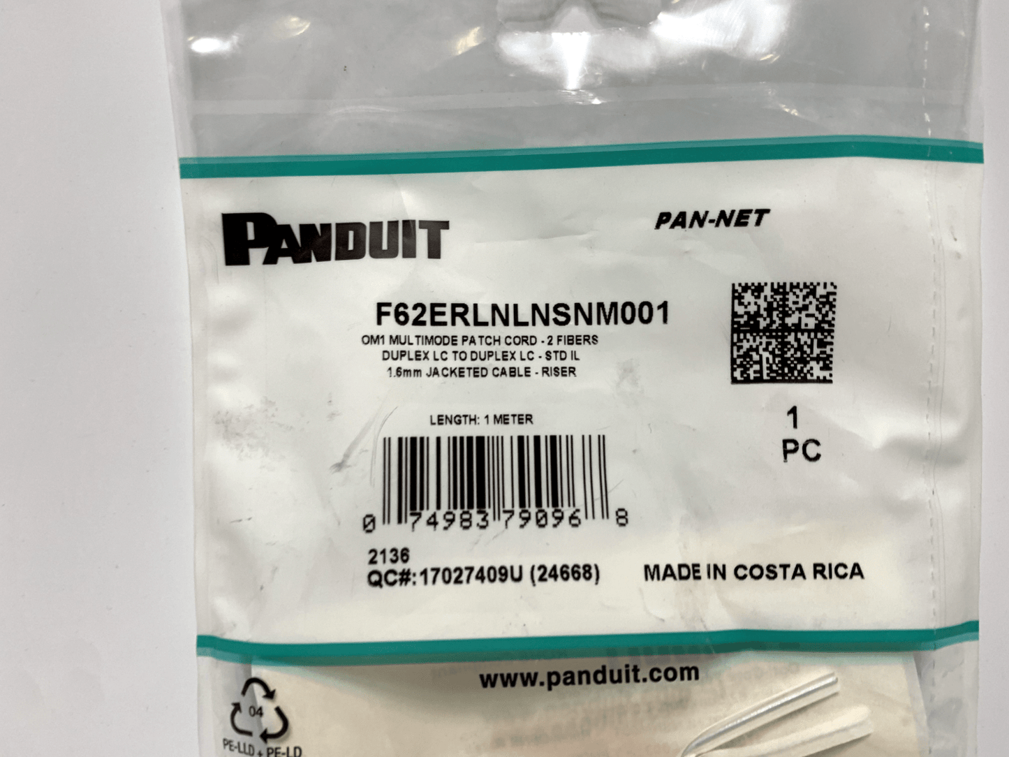 Panduit F62ERLNLNSNM001 2-Fiber OM1 Multimode Patch Cord 1M Long - Chase Surplus