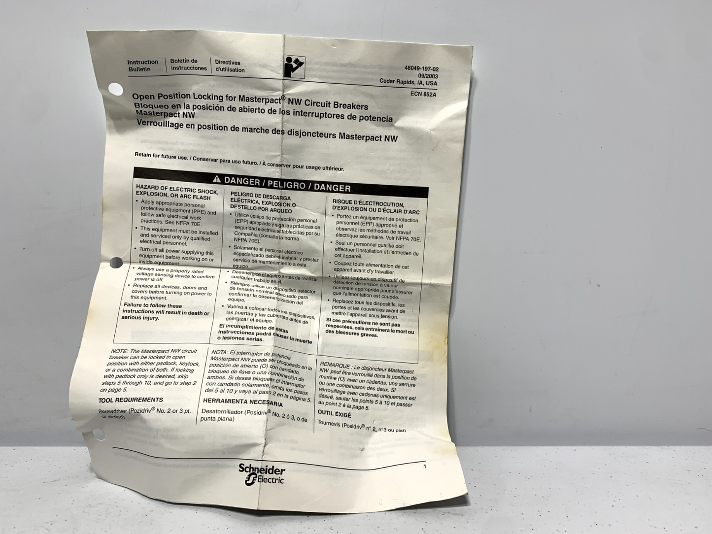 Square D S48542 Circuit Breaker Provision for Kirk/Fed Pioneer Lock