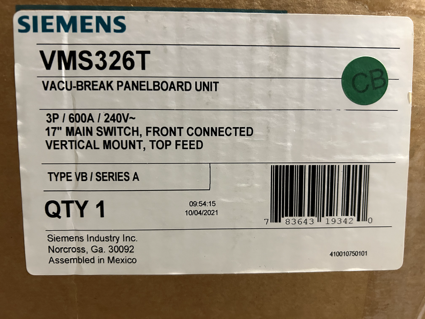 Siemens VMS326T Vacu-Break Panel Mount Switch 600 Amp 240V 3 Pole Fusible 17"