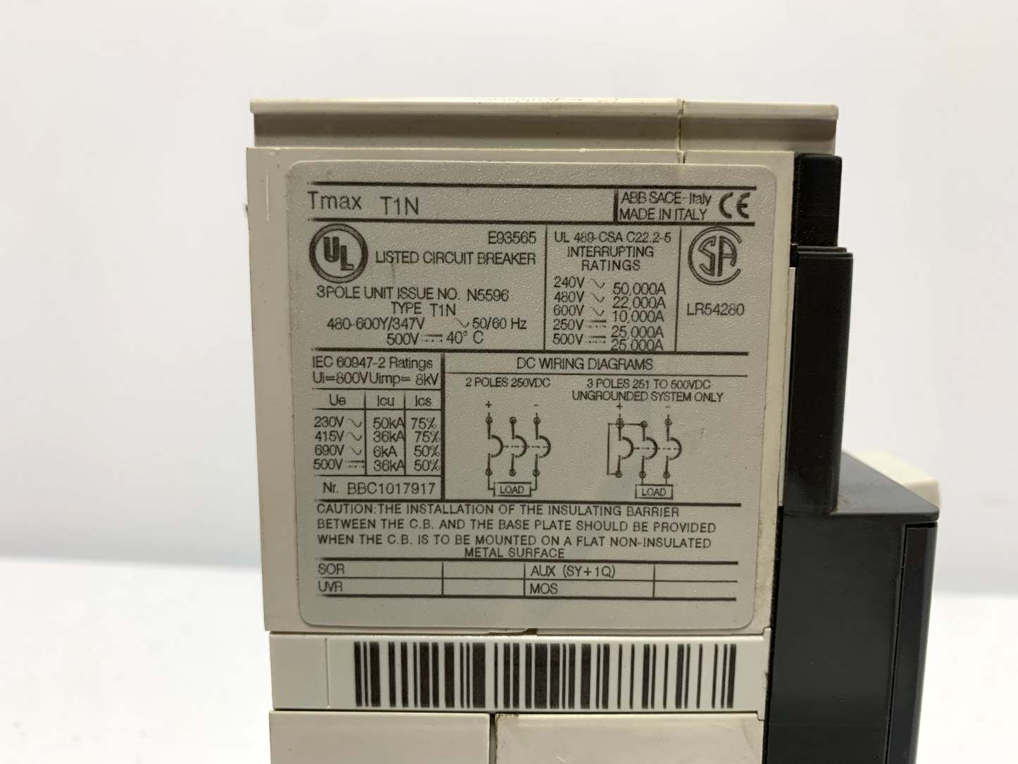 ABB T1NQ020TL SACE TMAX T1N Circuit Breaker 3 Pole 20 Amp