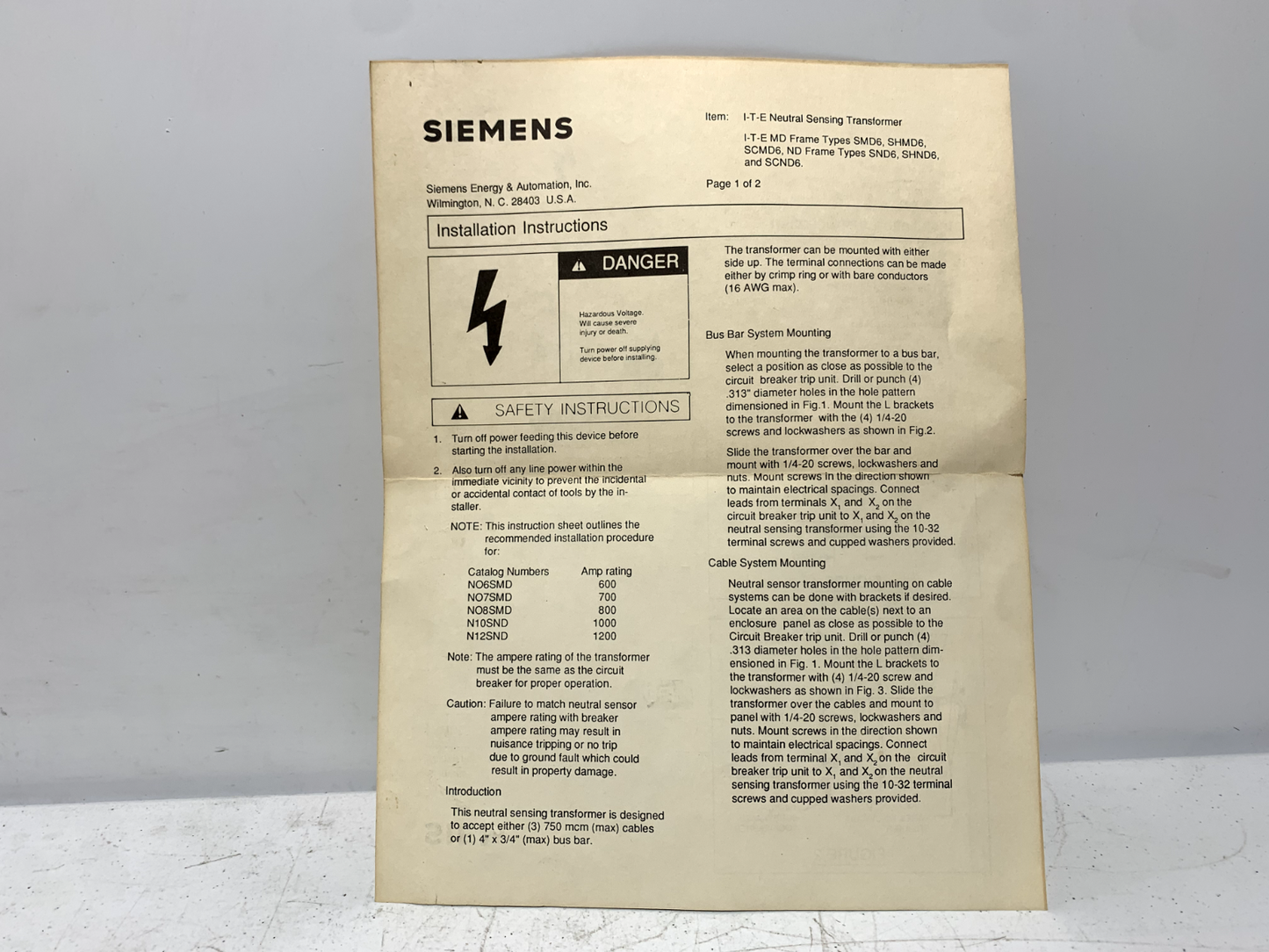 Siemens N06SMD Neutral Sensing Transformer 600 Amp