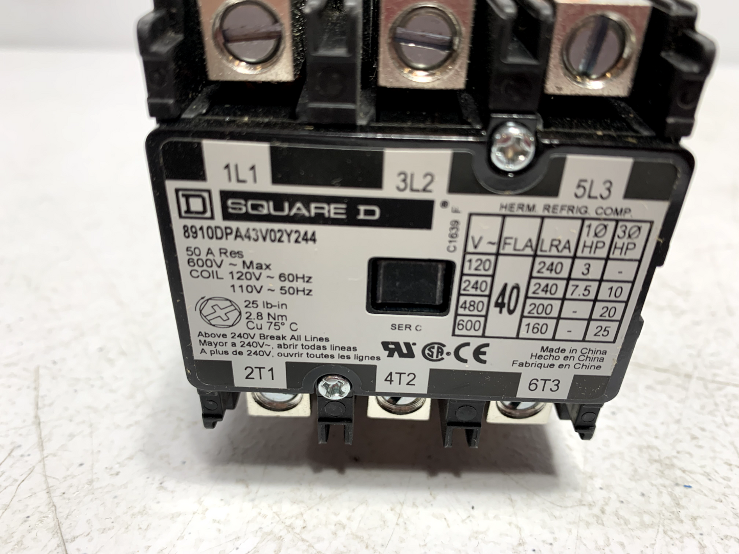 Square D 8910DPA43V02Y244 Definite Purpose Contactor 40 Amp 3 Pole 110/120VAC