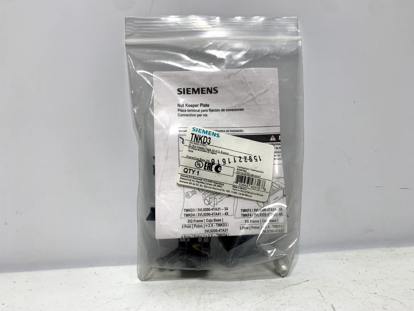 Siemens TNKD3 150A Breaker VL Nut Keeper Kit 3VL9200-4TB31 kit of 3 (lot of 2) - Chase Surplus