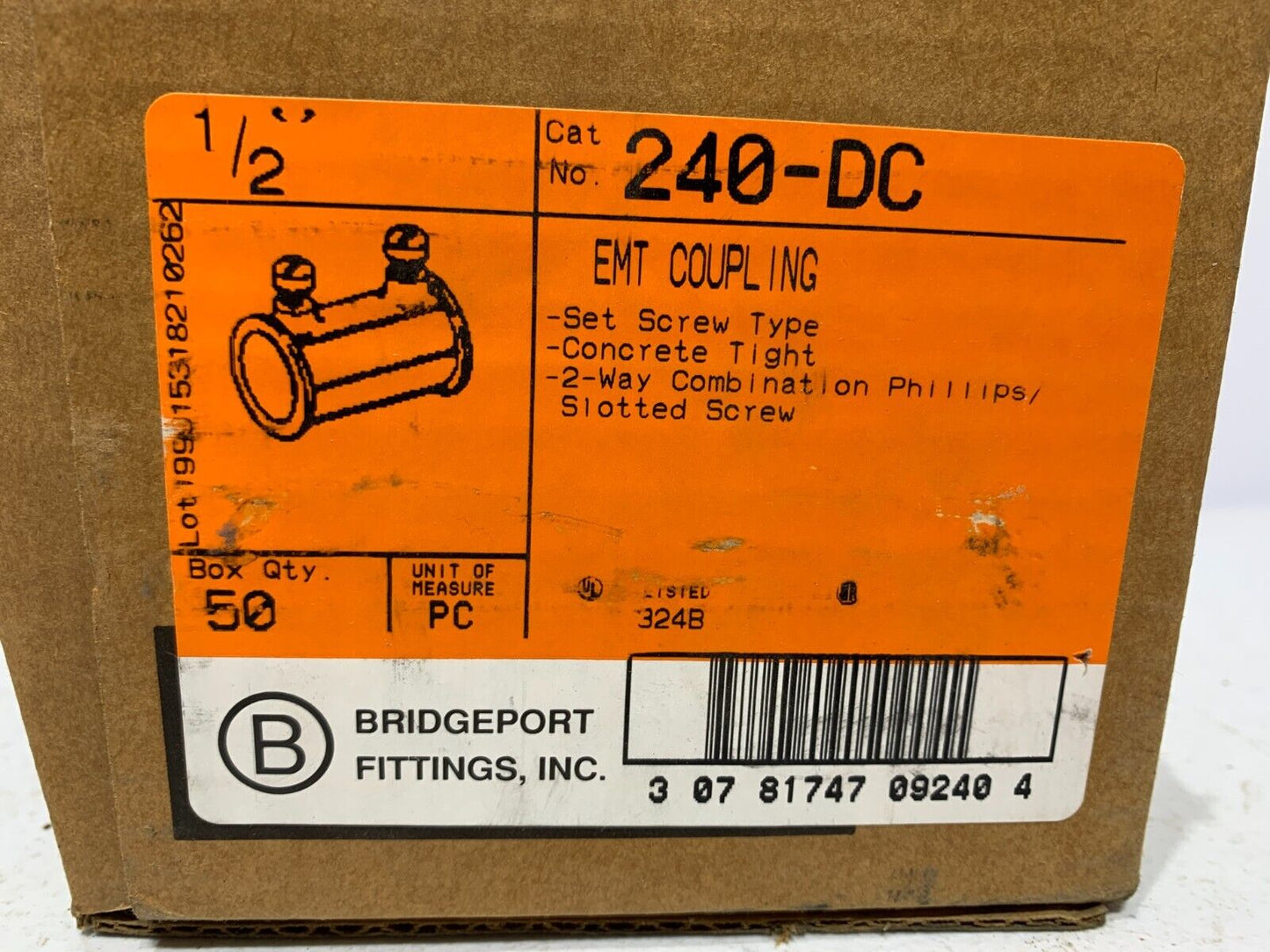 BRIDGEPORT 240-DC 1/2"  EMT Combination Coupling (Box of 22) - Chase Surplus