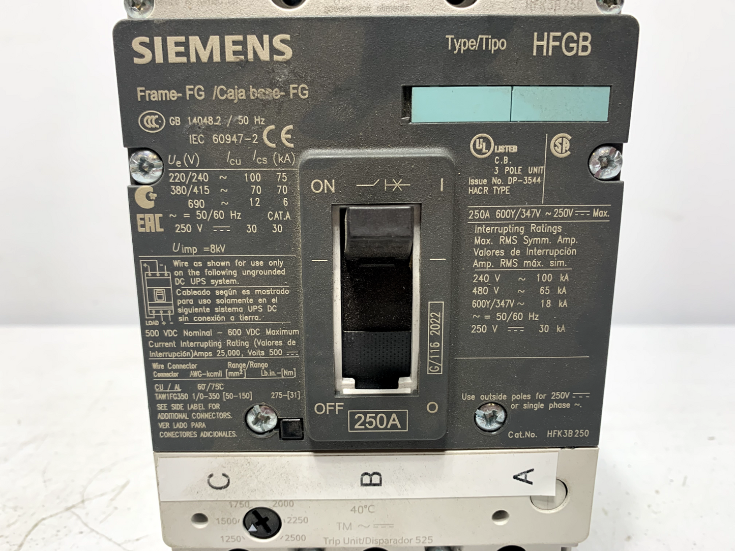 Siemens HFK3B250 Circuit Breaker 250A 3P Module Type HFGB