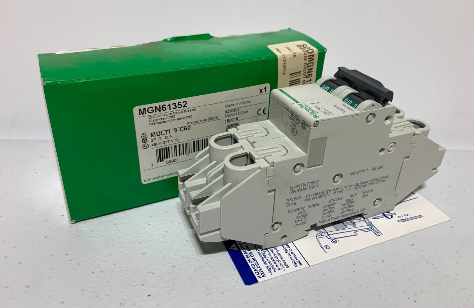 Schneider Electric MGN61352 Circuit Breaker D 10A 480/277V Multi 9 C60 2 pole - Chase Surplus