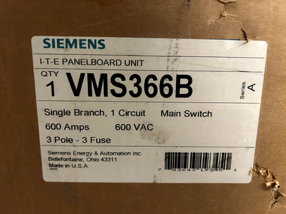 Siemens VMS366B ITE Vacu-Break Panel Main Switch 600 Amp 600V 3Ph Fusible