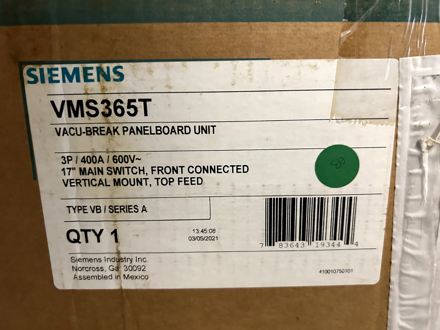 Siemens VMS365T Fusible ITE Vacu-Break Panelboard Switch 400 Amp 600V 3P 17"