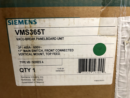 Siemens VMS365T Fusible ITE Vacu-Break Panelboard Switch 400 Amp 600V 3P 17"