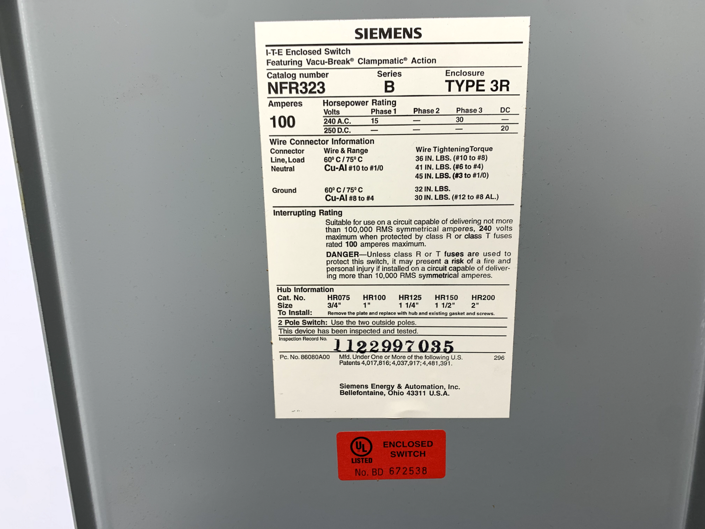 Siemens NFR323 Series B I-T-E Electrical Enclosure 100 Amps 140V 3Ph