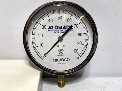 Miljoco P4598L-05 ATOM 4-1/2'' Pressure Gauge 0-100 PSI 1/4'' NPT LM