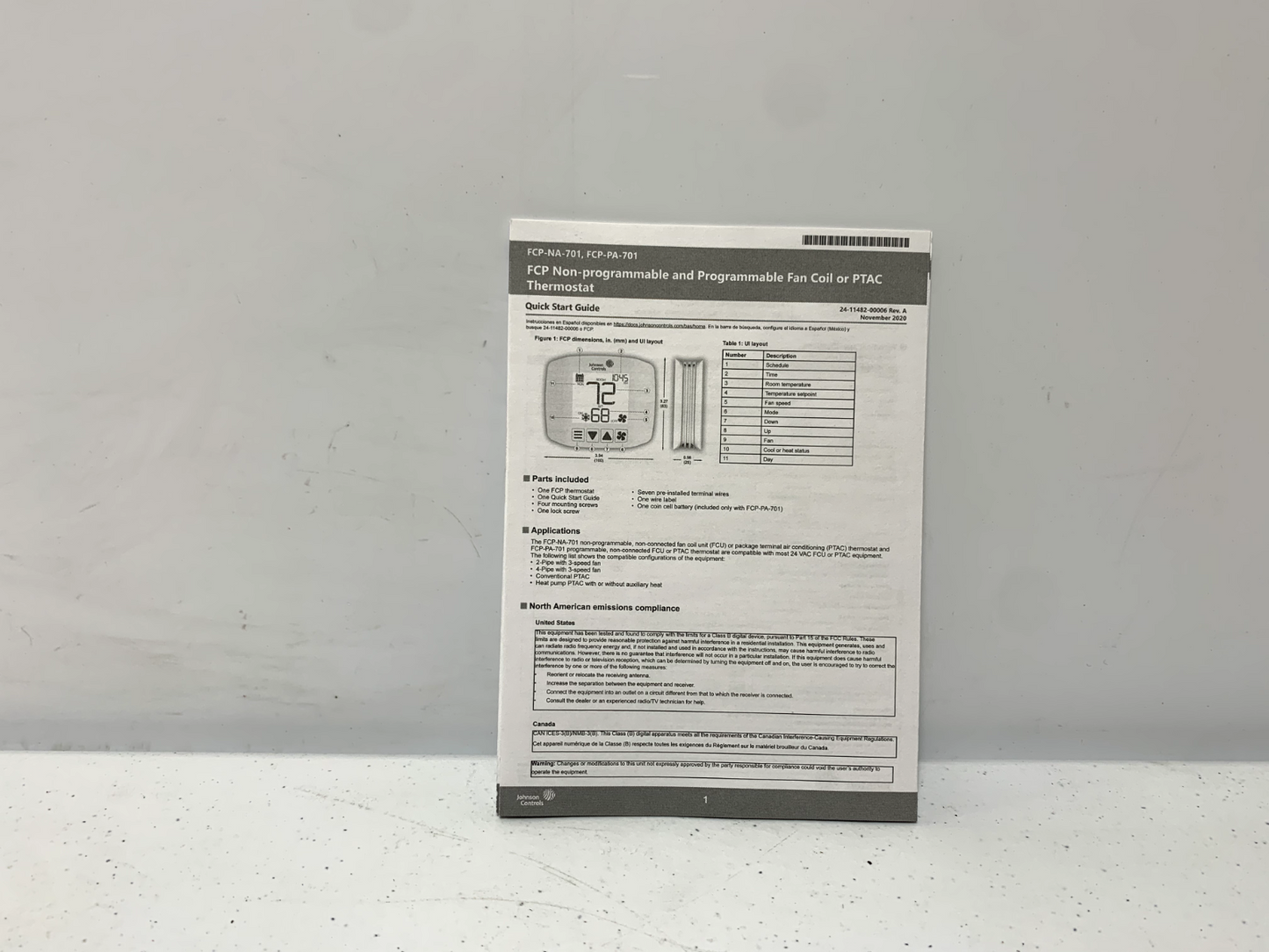 Johnson Controls FCP-NA-701-B Non-Programmable Thermostat for Fan Coils and PTAC